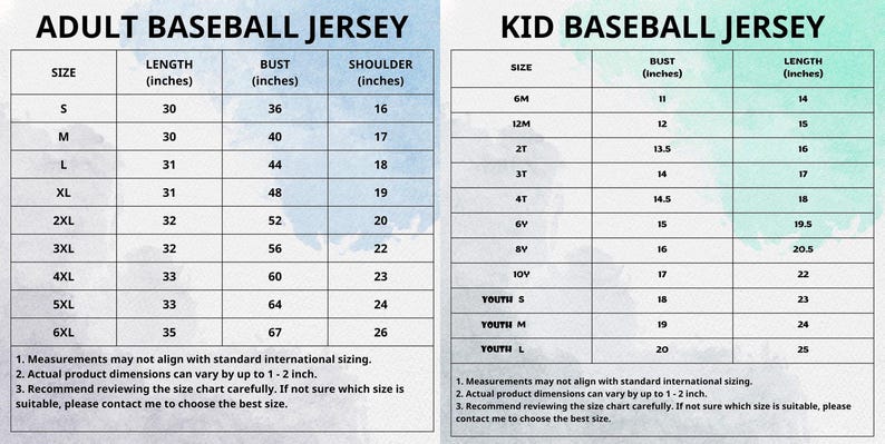 Puede incluir: Tablas de tallas para camisetas de b&eacute;isbol para adultos y ni&ntilde;os. La tabla para adultos incluye tallas S a 6XL, con medidas en pulgadas para largo, busto y hombro. La tabla para ni&ntilde;os incluye tallas 6M a Youth L.