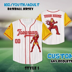 Camiseta de béisbol personalizada de Iron Man, ropa personalizada de los Vengadores, camiseta para niños, jóvenes y adultos. imagen 2