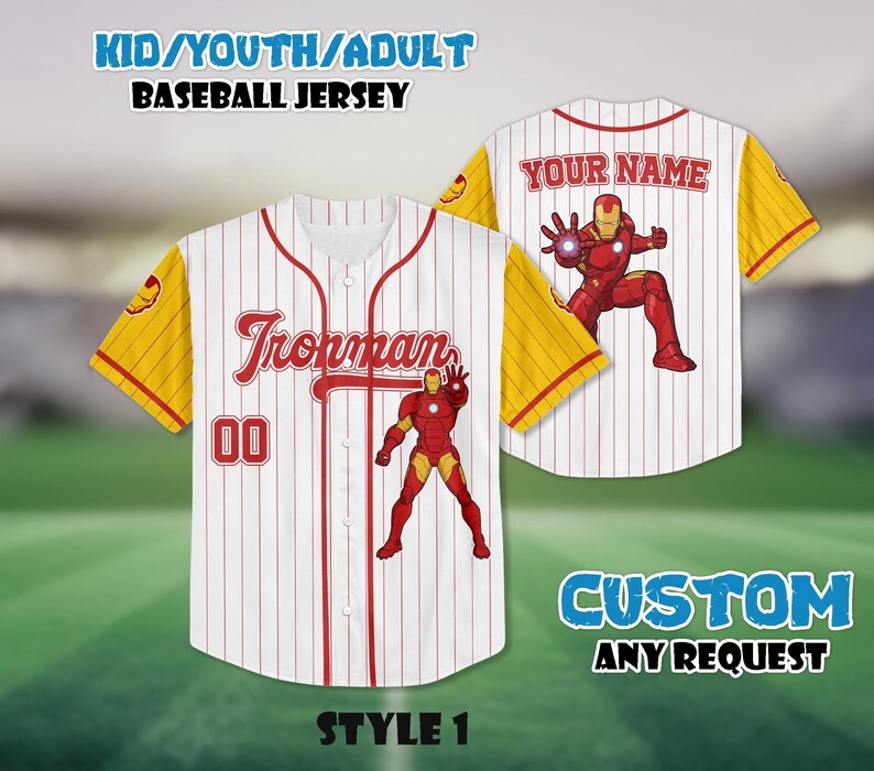 Camiseta de béisbol personalizada de Iron Man, ropa personalizada de los Vengadores, camiseta para niños, jóvenes y adultos. imagen 2