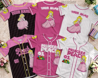 Camisa de beisebol personalizada da Princesa Peach, roupa para o dia de jogo do Super Mario, camisa combinando para a família.