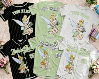Camisa de beisebol personalizada da Princesa Tinker Bell da Disney, camisa personalizada do Peter Pan da Disney, presente para fãs do time de beisebol da Disneyland.