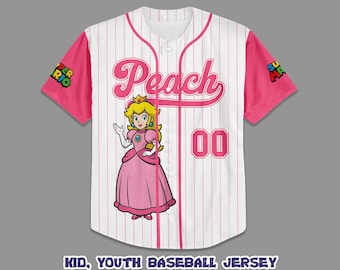 Camisa de beisebol personalizada da Princesa Peach, roupa para o dia de jogo do Super Mario, camisa combinando para a família.