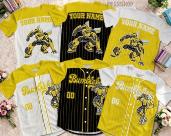 Camisa de beisebol personalizada do Bumblebee, camiseta infantil personalizada dos Transformers, presente de aniversário para fãs de robôs.