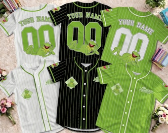 Camisa de beisebol personalizada do Kermit, o Sapo, dos Muppets, Camisa de beisebol com personagens da Disney do Kermit, o Sapo, Camisa de beisebol dos Muppets da Disney