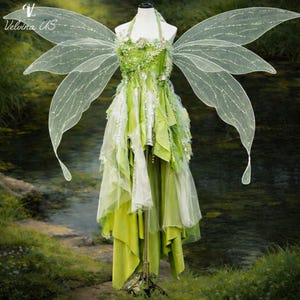 Vestido de hada del bosque verde con alas, hecho a mano – Disfraz etéreo