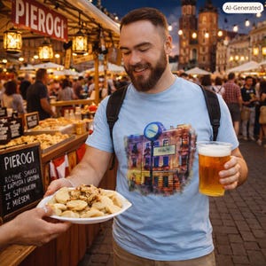 May include: A light blue t-shirt featuring a watercolor-style graphic of a building with a clock and the text Krakow. The shirt is worn by a person holding a white plate of pierogi and a clear plastic cup filled with golden beer at a market.