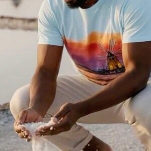 Trapani Sunsets, Windmills, Salt Pans - Unisex with sleeve patch (Trapani, Sicily)