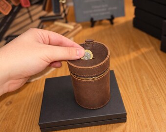 Full Grain Leather Money Box, Car Cup Holder Coin Storage
