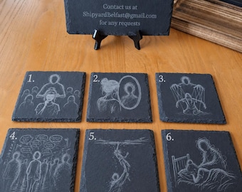 Originale, skizzenhafte Darstellung von Depression und Angstzuständen, Schieferuntersetzer und Ausstellungsset