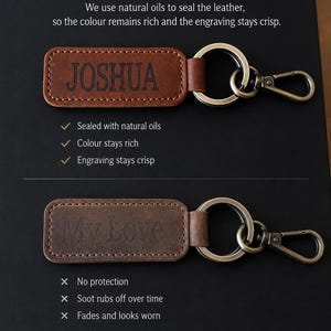 May include: Two rectangular brown leather keychains with metal rings and clips. The top keychain is engraved with the name JOSHUA, while the bottom keychain is engraved with the text My Love. Text on the image compares treated and untreated leather.