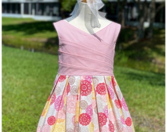 Girls Spring Dress, Size 8, Easter Dress with Crossover top & Pleated Skirt, Ready to Ship, OOAK, Size 7/8