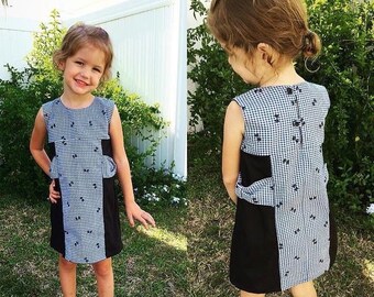 Girls Vintage Blue Gingham Check Retro Inspired Dress, size 4 SLIM A-line dress with side bows, Ready to Ship, Vintage, Sample Sale, OOAK