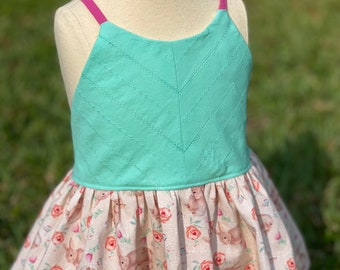 Girls size 2 Easter bunny halter tie spring tunic, Sample Sale, OOAK