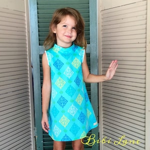 Aqua Blue Summer Beach Dress Coverup, size 4 A-line dress, Sundress, white pom fringe, Ready to Ship, Sample Sale, OOAK