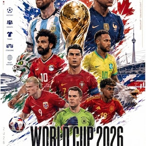 May include: A World Cup 2026 complete guidebook poster featuring illustrations of professional soccer players, the golden trophy, and a soccer ball. The text reads World Cup 2026 The Complete Guidebook, History, Groups, Teams, Stadiums, Host Nations.