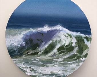 Original 8" tondo oil painting, wave, ocean art, seascape.