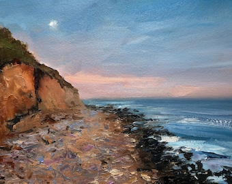 Original 8.5" x 11.25" oil painting on primed watercolor paper, moonrise, bluff painting, block island, rhode island.