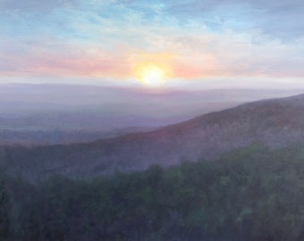 Original 24" x 36" oil painting on canvas, landscape, mountains, sunset, sunrise.