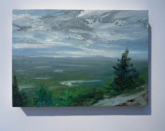 Original 5" x 7" oil painting on cradled wood panel, mountain landscape.