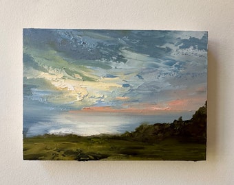 Original 5" x 7" oil painting on cradled wood panel, coastal art, skyscape, sky painting.