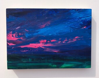 Original 5" x 7" oil painting on cradled wood, dramatic skyscape, sunset.