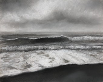 Original charcoal and pastel drawing on paper, wave, seascape, beach art.