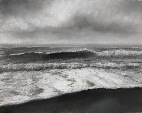 Original Charcoal and Pastel Drawing on Paper, Wave, Seascape