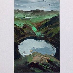 Olio originale 7" x 4,5" su carta. Paesaggio islandese, cratere Kerid.