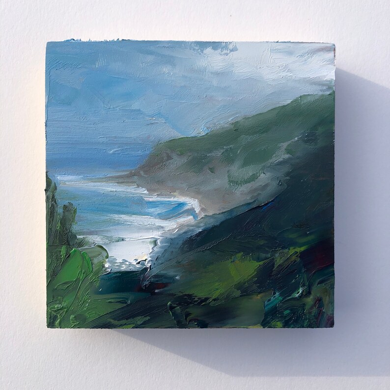 coastal art. Original 4 x 4 oil on cradled wood panel bluff painting