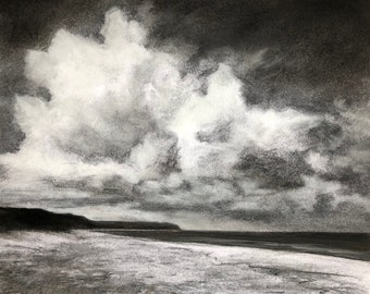 Original 14" x 17" charcoal and pastel drawing on paper, coastal landscape art, beach drawing, skyscape, cloud art.