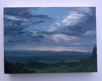 Original 5" x 7" oil painting on cradled wood panel, landscape, skyscape, sunset.