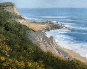Original 8.25" x 11" oil painting on primed paper, coastal landscape, bluff.