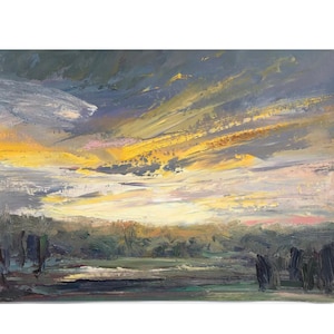 Original 8.5" x 11" oil painting on paper, landscape, skyscape, sunset, sunrise.
