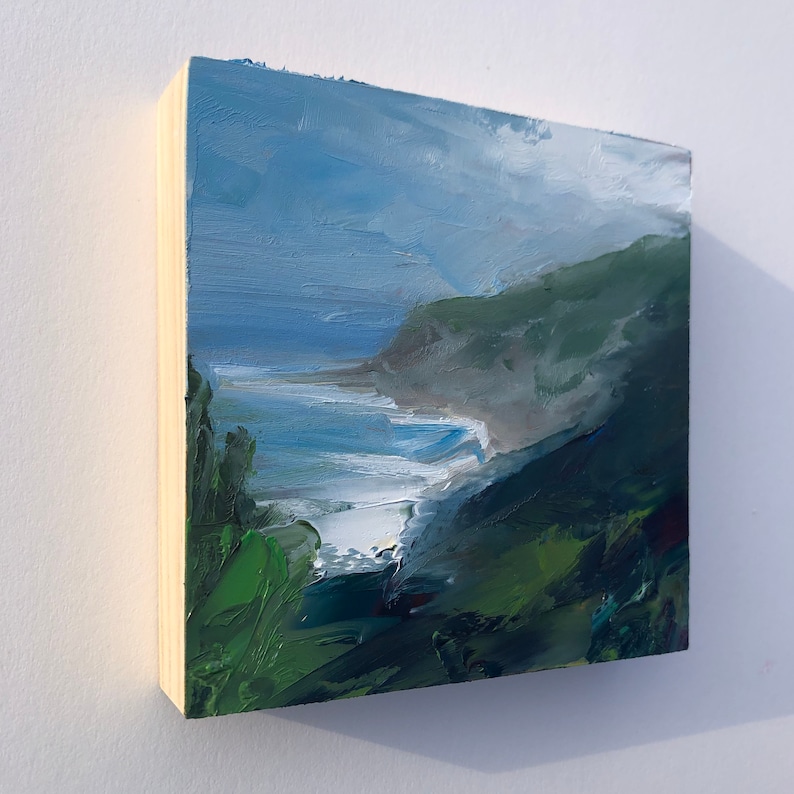 coastal art. Original 4 x 4 oil on cradled wood panel bluff painting