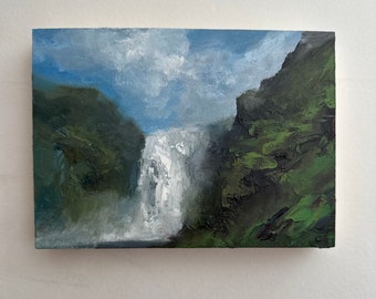 Original 5" x 7" oil painting on cradled panel, landscape painting, icelandic waterfall, iceland landscape art.