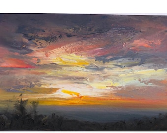 Original 5.75" x 8.25" oil painting on primed watercolor paper, skyscape, sunset, cloud painting.