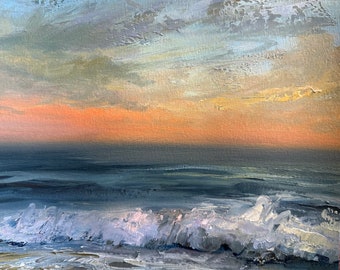 Original 8" x 10" oil painting on primed watercolor paper, sunset, sunrise, coastal art.