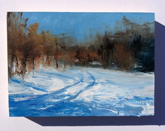 Original 5" x 7" oil painting on cradled wood panel, landscape painting, winter art, snow painting.
