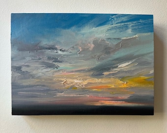 Original 5" x 7" oil painting on cradled wood panel, skyscape, sunset, sunrise art.