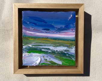 Origineel ingelijst 4" x 4" abstract landschap, olieverf op canvas board