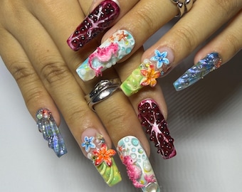 Uñas postizas con diseño de estrella de mar y caballito de mar en 3D del océano tropical / Color gelatina cromada / Forma almendrada / Regalo para ella / Tendencia de uñas para vacaciones de verano / 26032