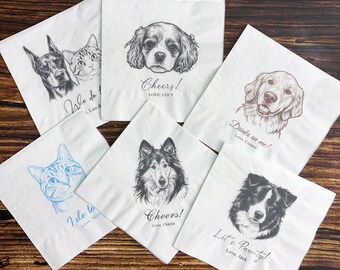 Custom Pet Portrait Napkins, Personalized Wedding Cocktail Napkins, Wedding & Party Decor