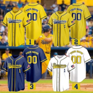 May include: Four baseball jerseys in yellow, yellow pinstripe, navy blue, and white. Each features the text Bananas, the number 1 on the front, a US flag patch on the sleeve, and a back design with the text Your Name and the number 00.