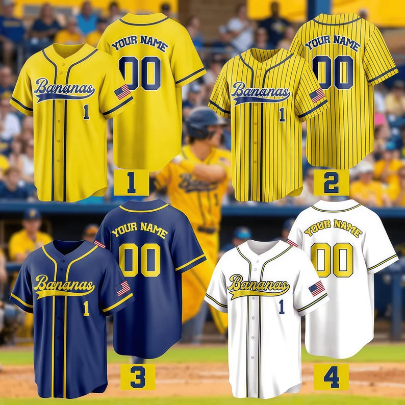 May include: Four baseball jerseys in yellow, yellow pinstripe, navy blue, and white. Each features the text Bananas, the number 1 on the front, a US flag patch on the sleeve, and a back design with the text Your Name and the number 00.