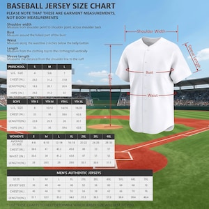 May include: A white baseball jersey displayed next to a size chart titled BASEBALL JERSEY SIZE CHART. The chart includes columns for preschool, boys, women's, and men's authentic jerseys with measurements in inches for chest, length, and hips.