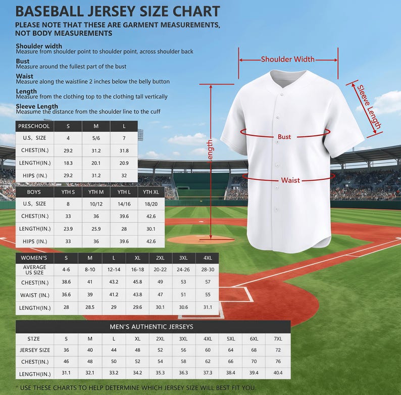 May include: A white baseball jersey displayed next to a size chart titled BASEBALL JERSEY SIZE CHART. The chart includes columns for preschool, boys, women's, and men's authentic jerseys with measurements in inches for chest, length, and hips.