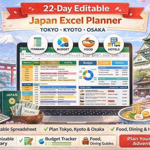 May include: A laptop displays a 22-Day Editable Japan Excel Planner, with itinerary, budget, food, and hotel sections. The image includes Japanese landmarks, cherry blossoms, and a bowl of ramen. Text reads: Plan Your Japan Adventure!