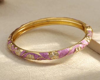 Bracelet jonc fleuri violet et rose acier inoxydable – Bracelet bohème chic – Bijou femme tendance été – Cadeau femme