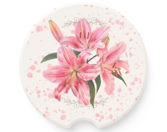 Posavasos de esteatita con diseño de lirio estrellado rosa / Accesorio floral para coche