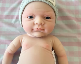 13" Full Silicone Reborn Baby Doll, Anatomically Correct MALE, Knit Outfit, Powder Matted, Hand Painted
